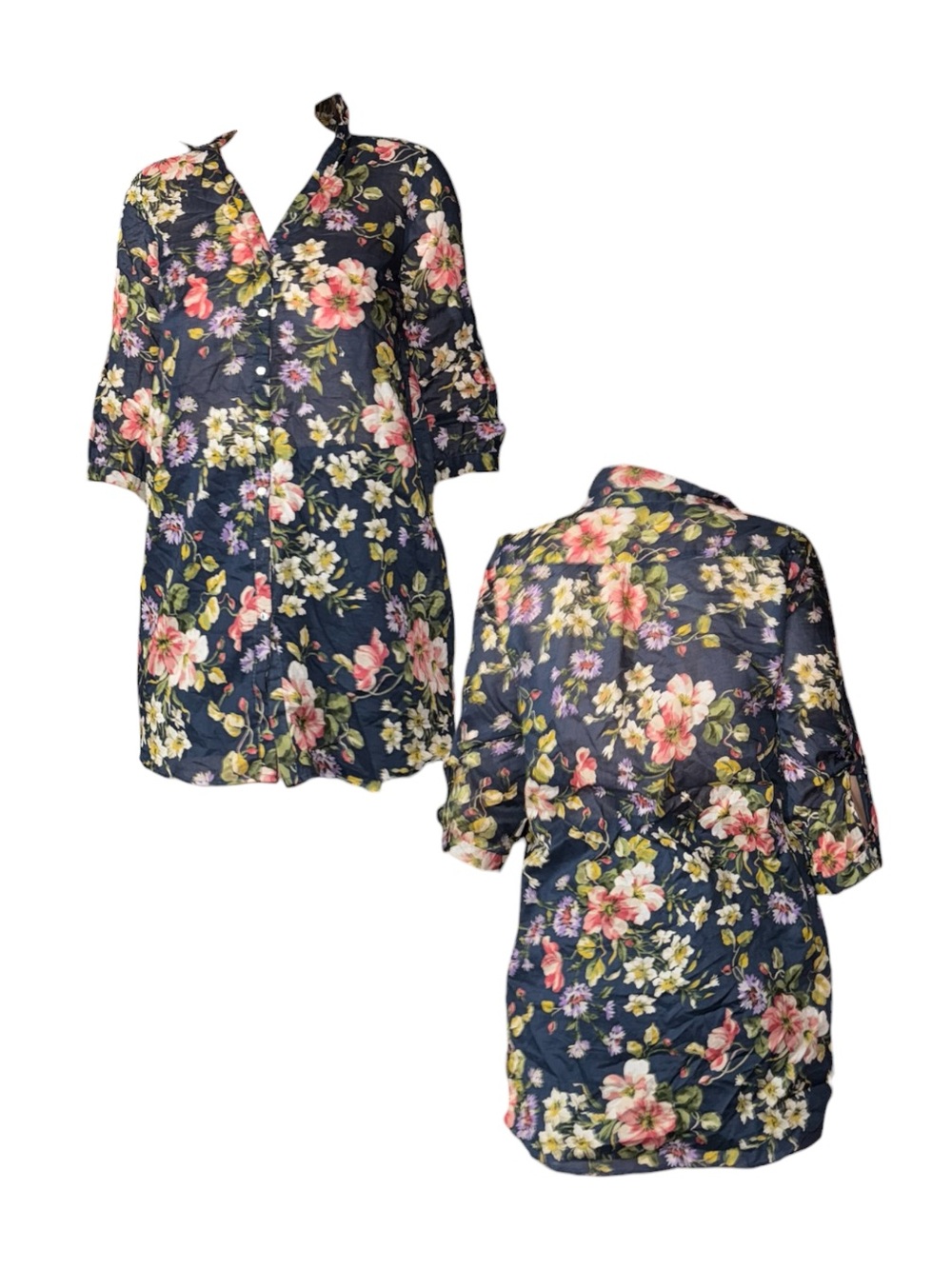 Zara Navy Floral Button-Down Shirt Dress